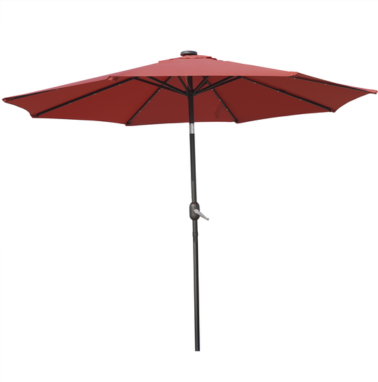 LeisureMod Sierra 9 ft Steel Market Umbrella With Solar Powerd LED & Tilt - Red