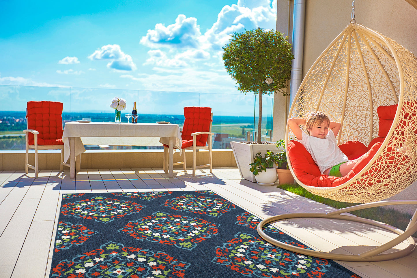 Kaleen Sunice Collection Navy Tangerine Area Rug 5' x 7'6"