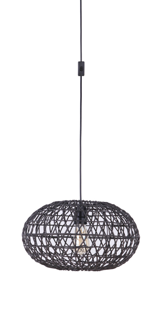 Portable Swag Pendant w/Rattan Shade in Flat Black, SW2003-FB