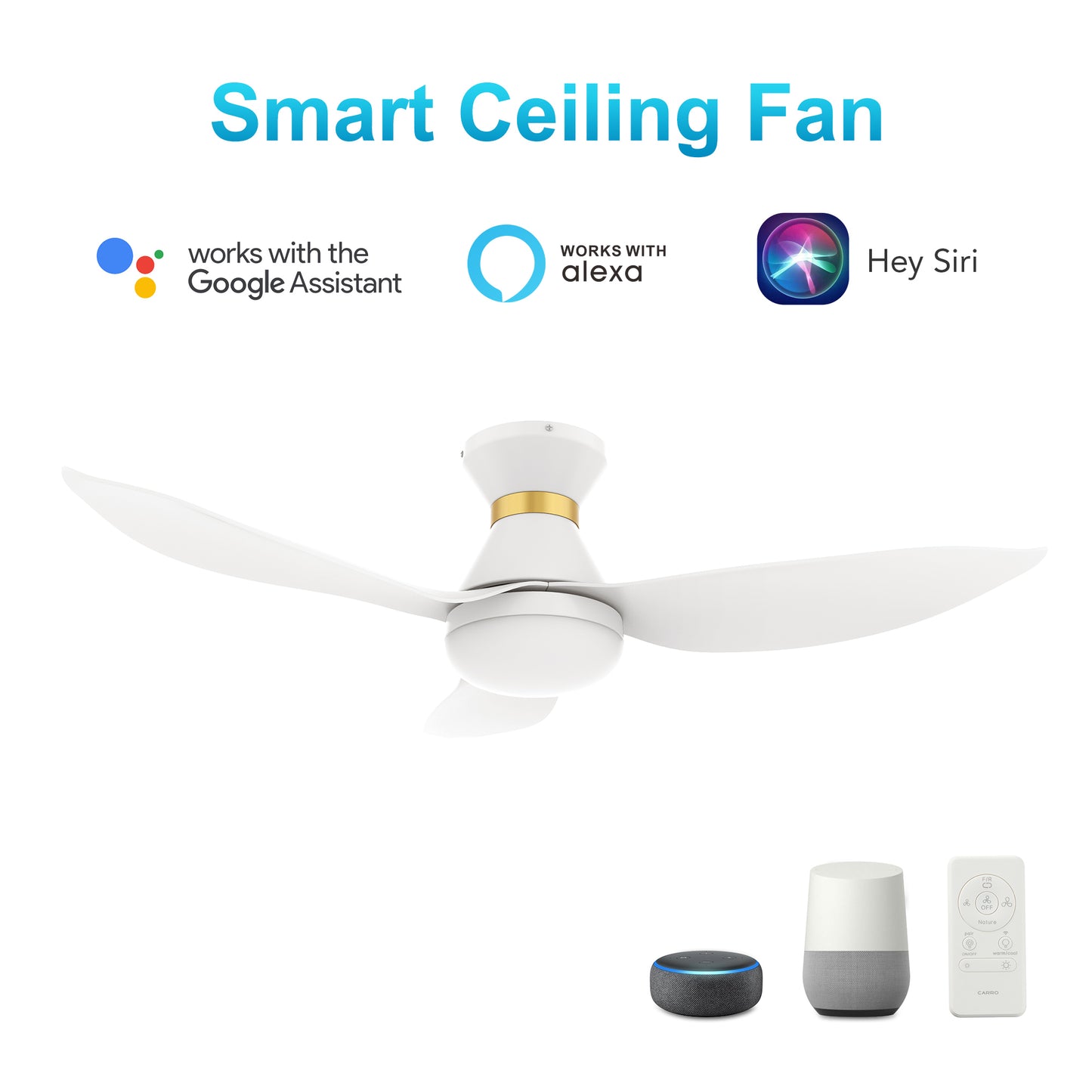 Ryatt 45 Inch 3-Blade Smart Ceiling Fan - White (Gold Detail)