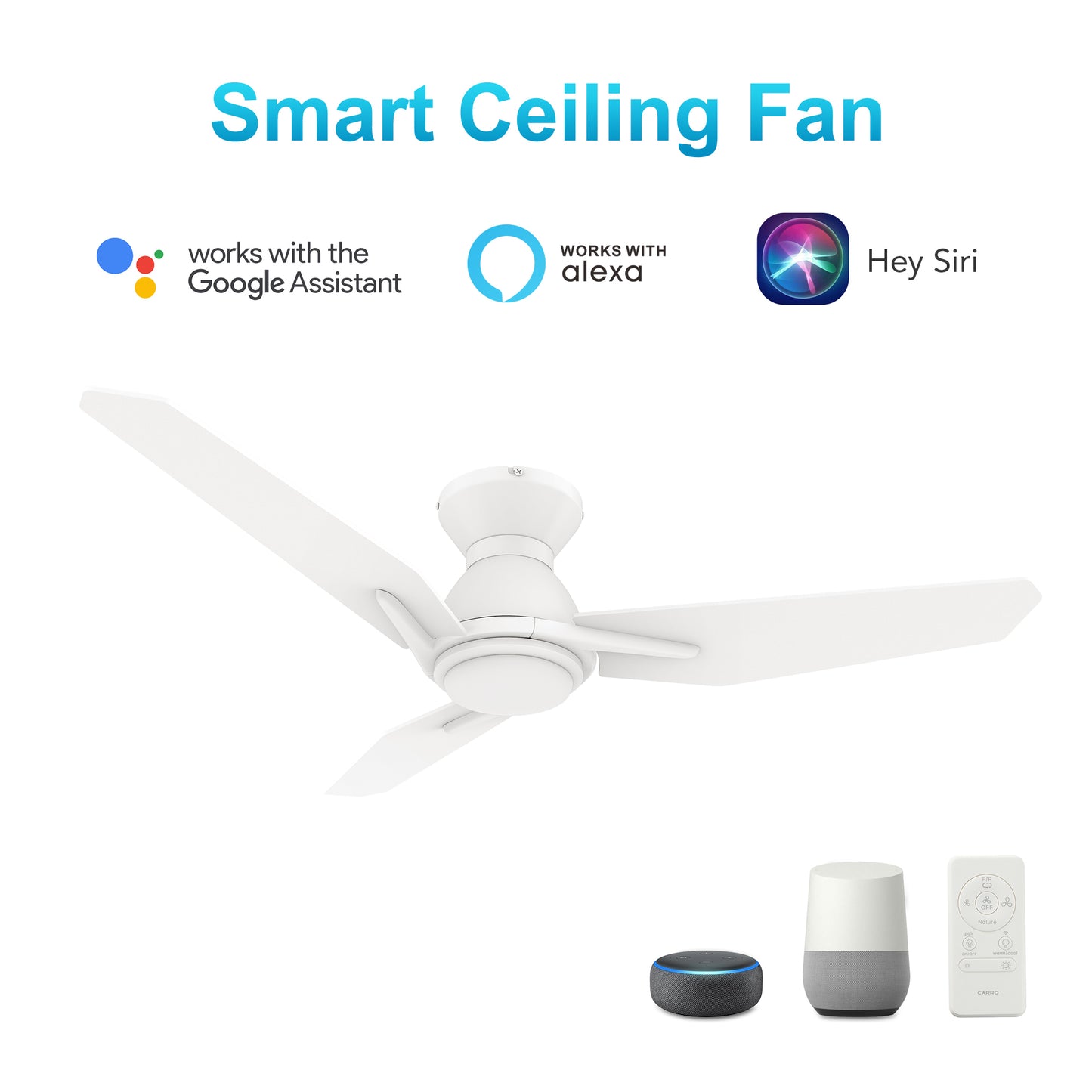Calen 48 Inch 3-Blade Smart Ceiling Fan - White