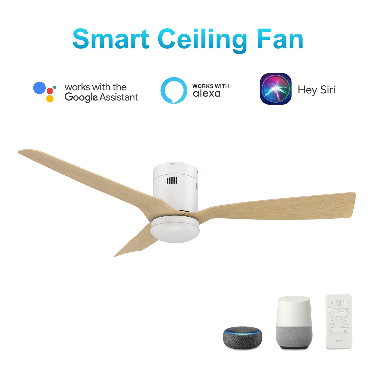 Spezia 52 Inch 3-Blade Smart Ceiling Fan - White/Bamboo Wood