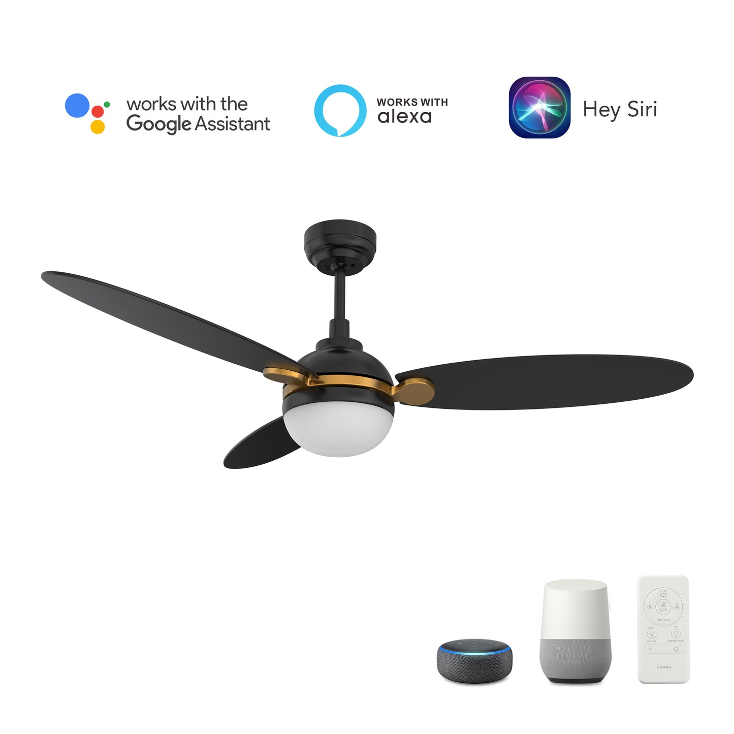 Pearla 52 Inch 3-Blade Smart Ceiling Fan - Black
