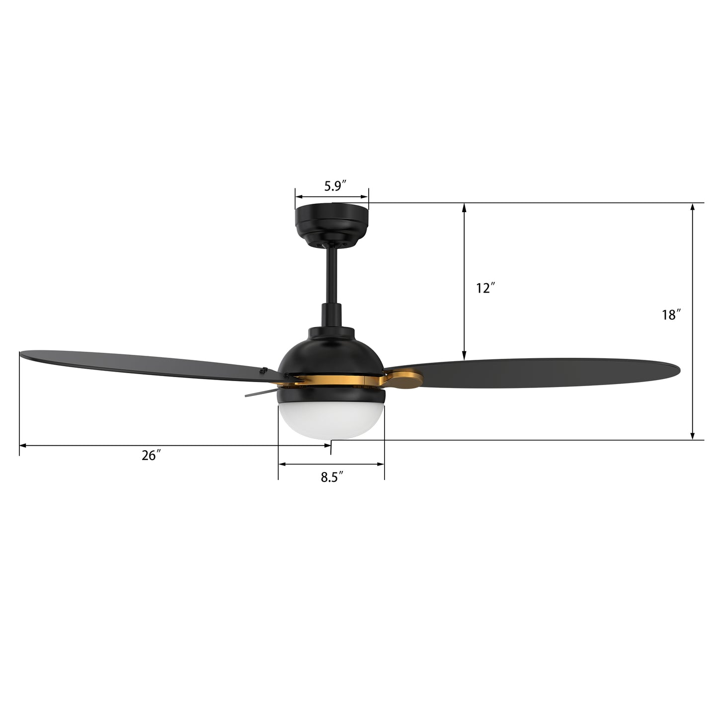 Pearla 52 Inch 3-Blade Smart Ceiling Fan - Black