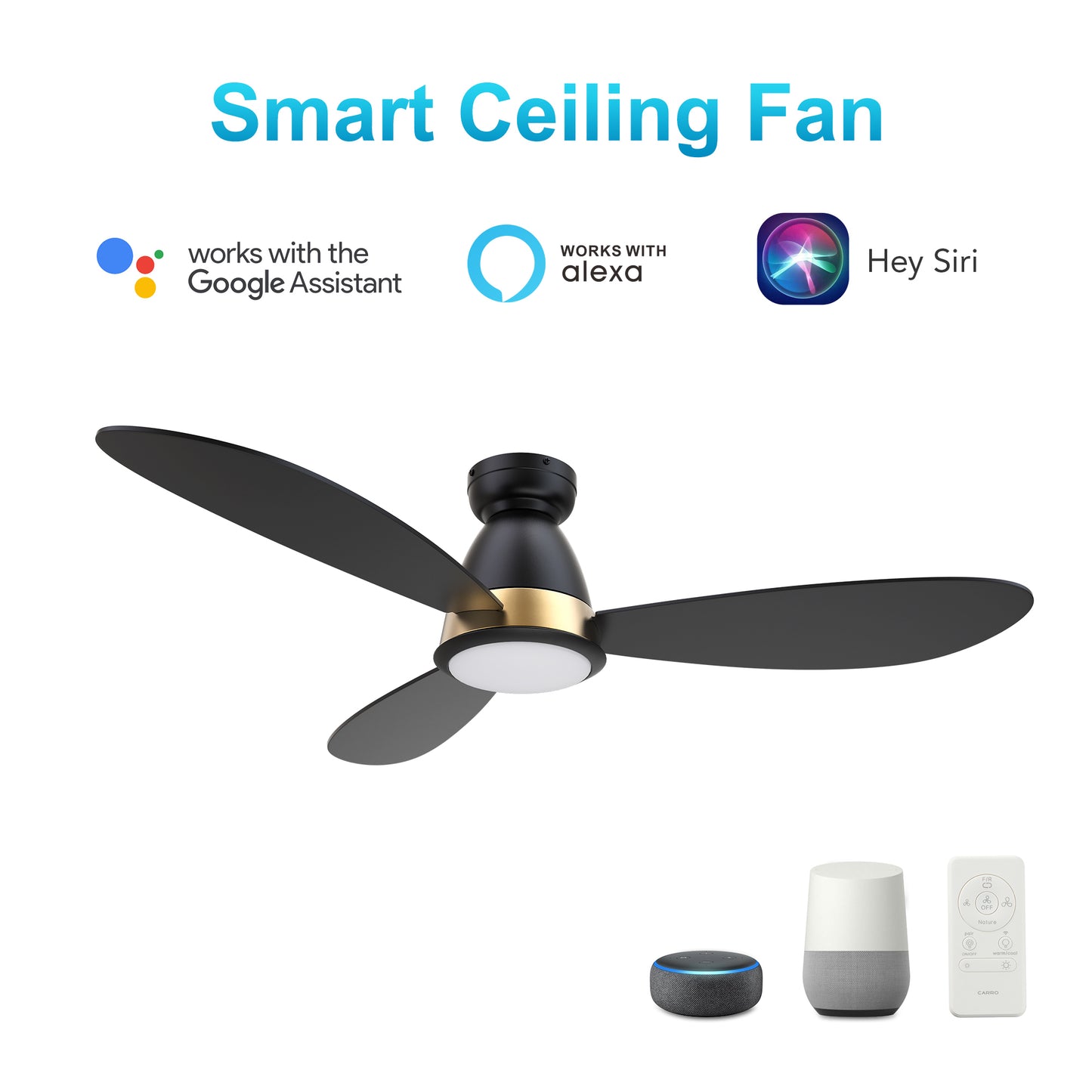 York 52 Inch 3-Blade Flush Mount Smart Ceiling Fan - Black