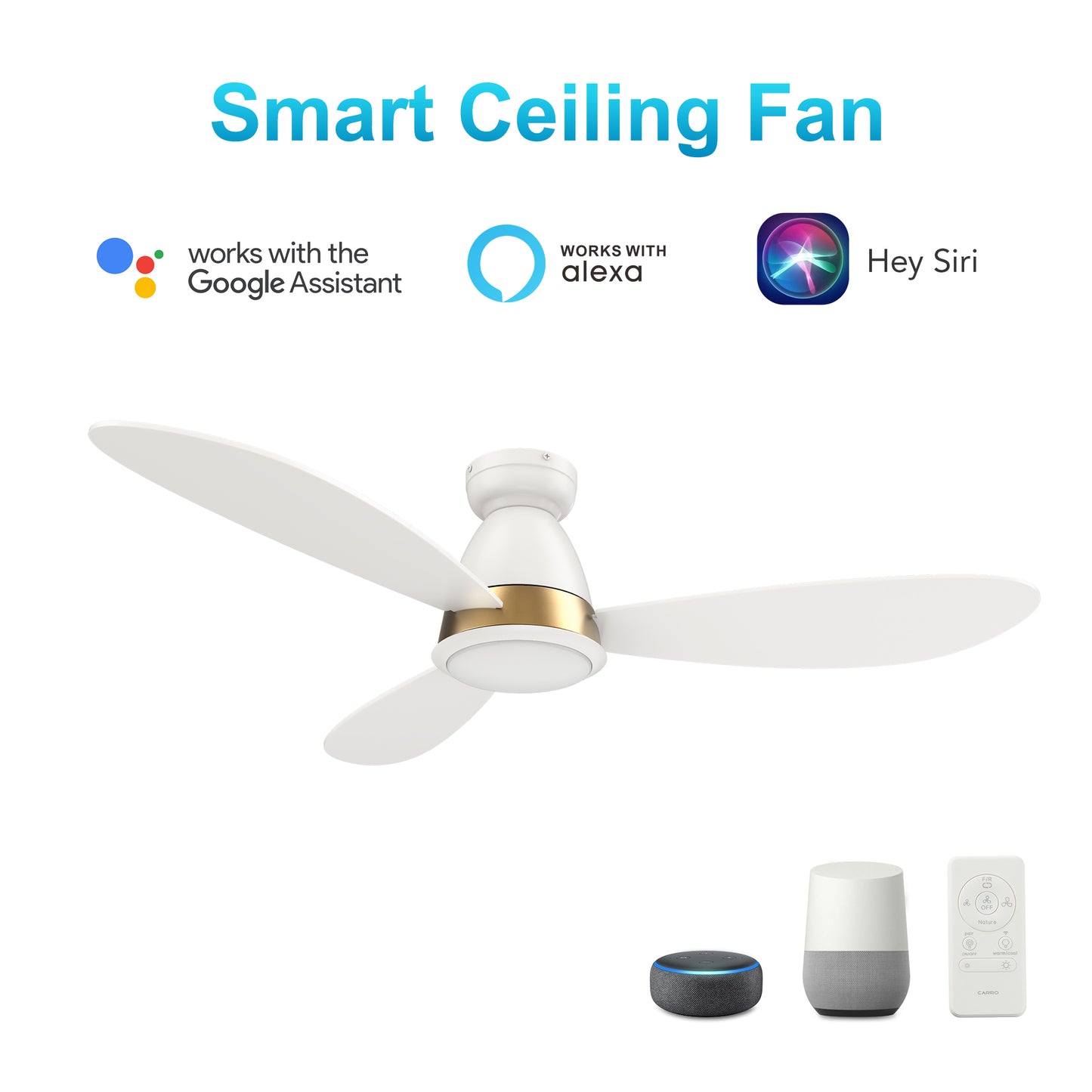 York 52 Inch 3-Blade Smart Ceiling Fan - White (Gold Detail)