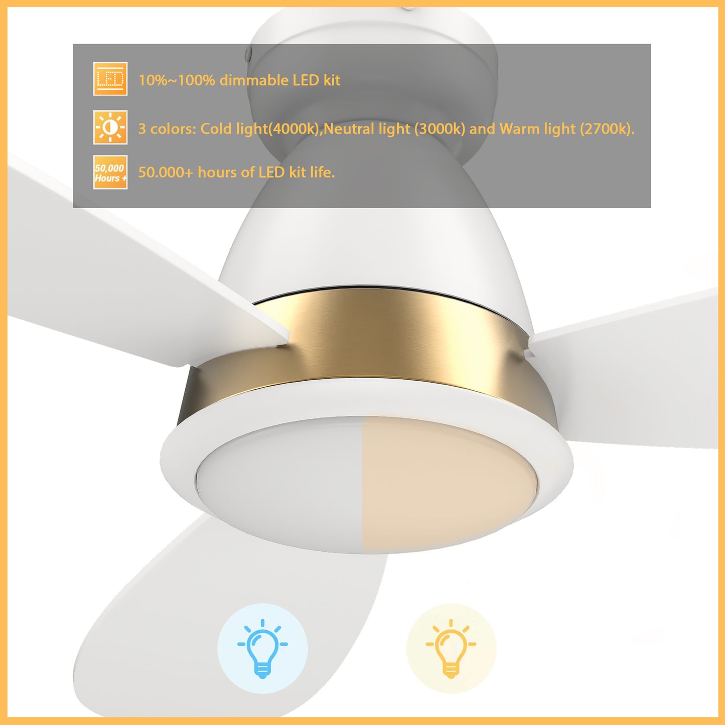 York 52 Inch 3-Blade Smart Ceiling Fan - White (Gold Detail)