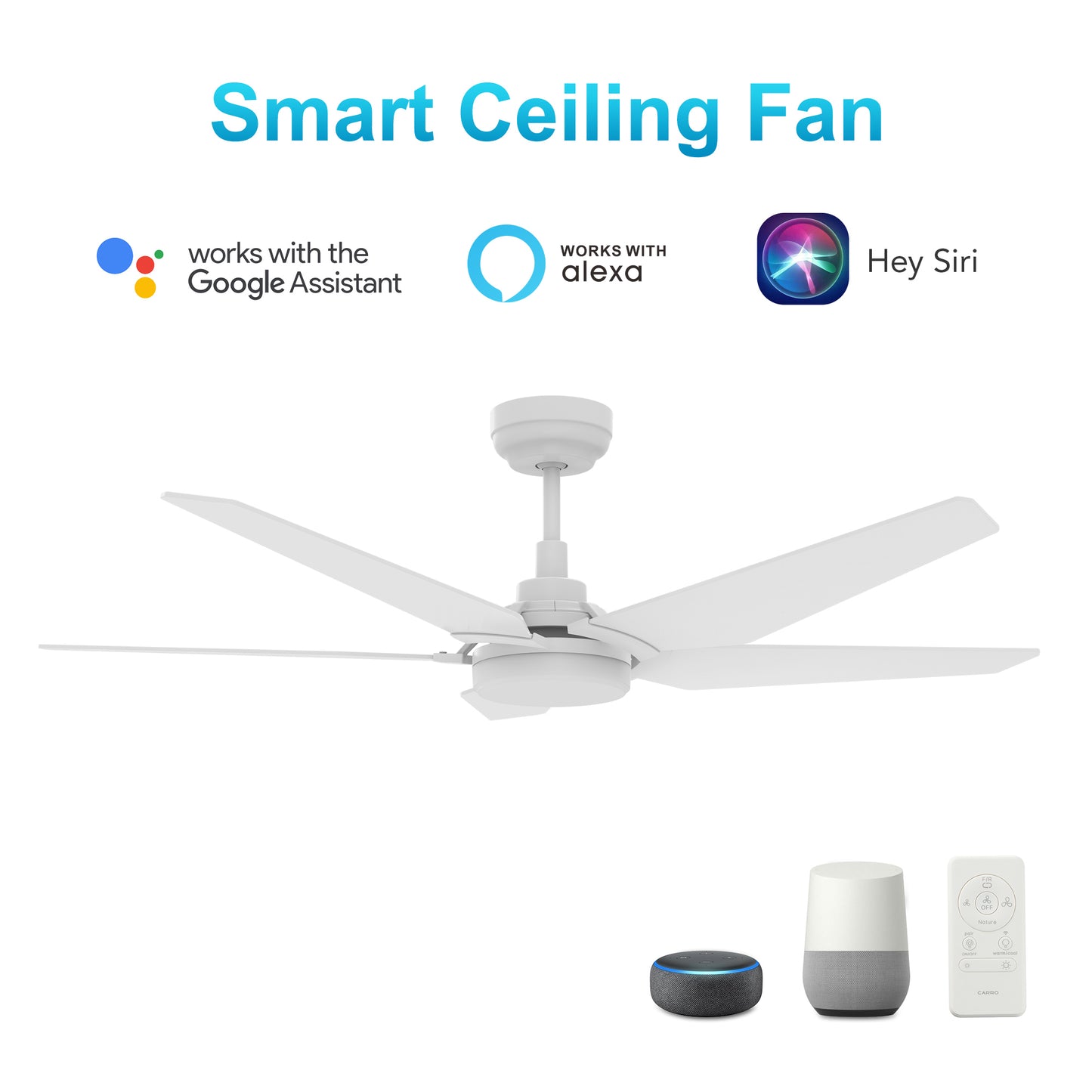 Woodrow 52 Inch 5-Blade Smart Ceiling Fan - White/White