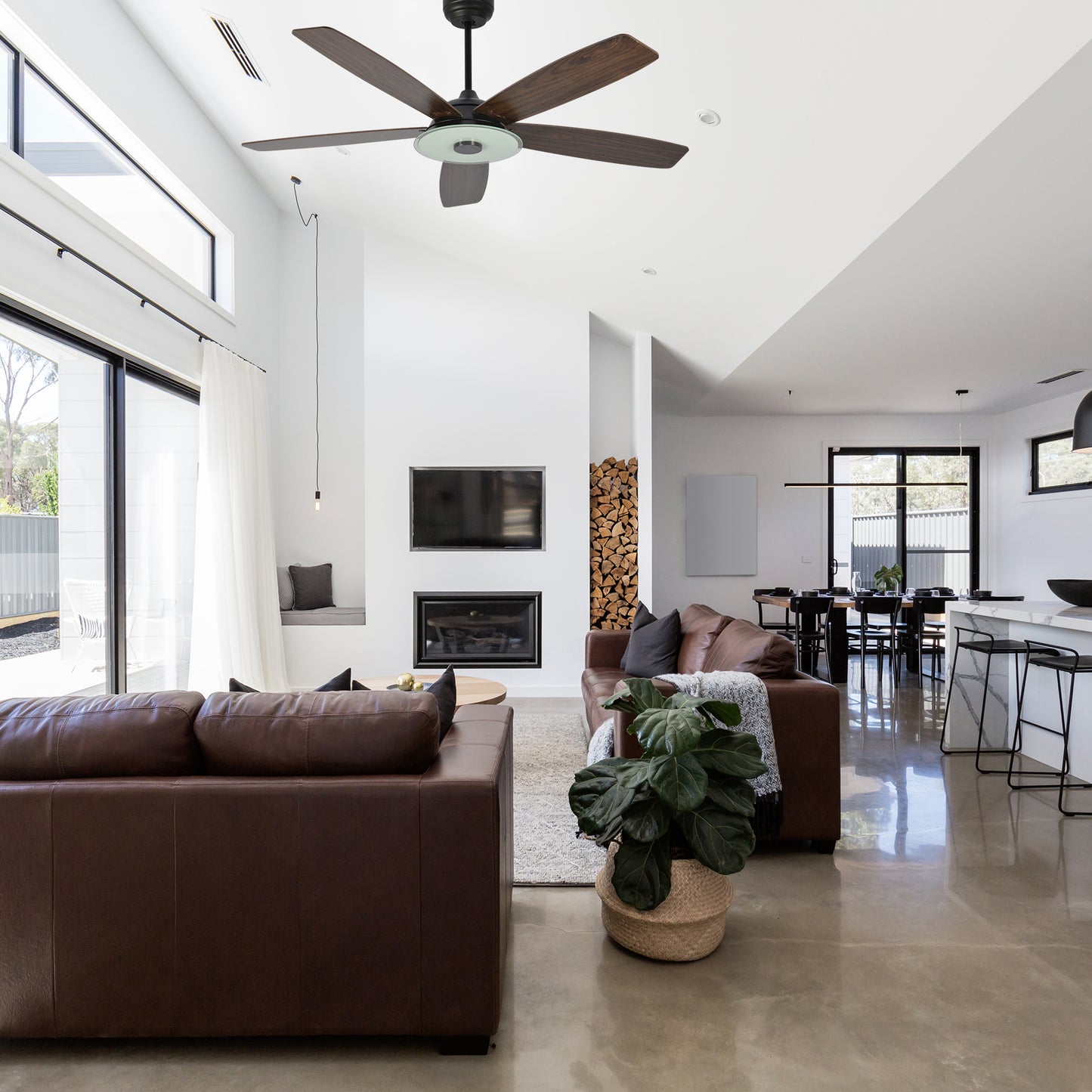 Journey 52-Inch Indoor/Outdoor Smart Ceiling Fan - Clear/Walnut Wood