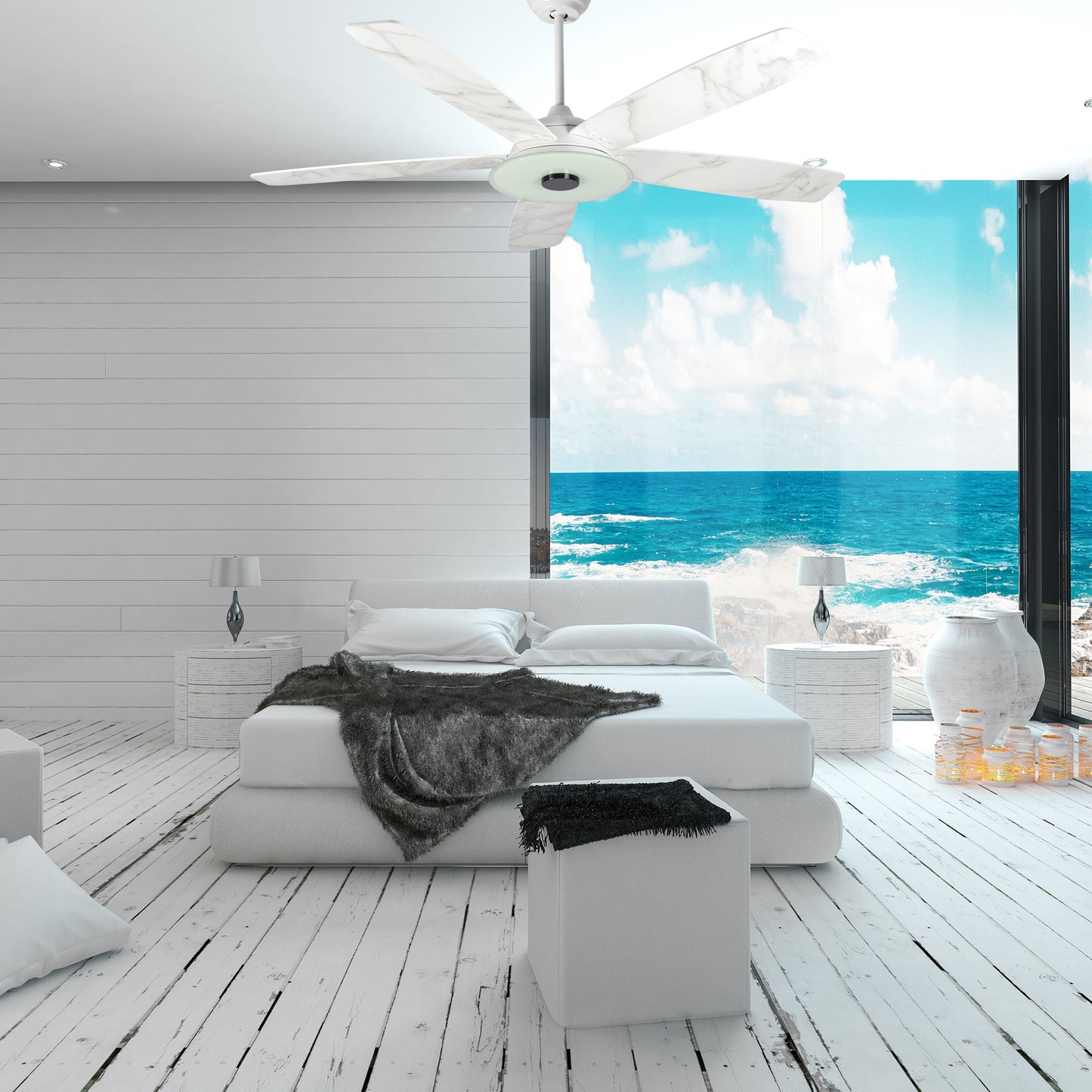 Journey 52-Inch Indoor/Outdoor Smart Ceiling Fan - Brushed Gold/White Marble