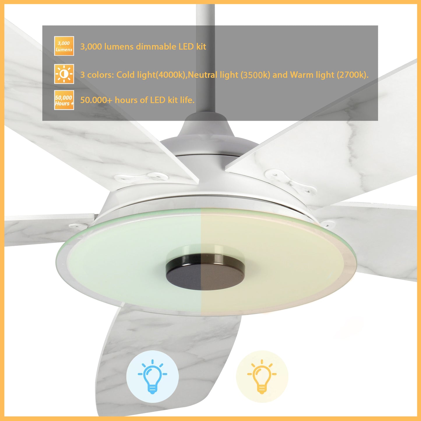 Journey 52-Inch Indoor/Outdoor Smart Ceiling Fan - Brushed Gold/White Marble