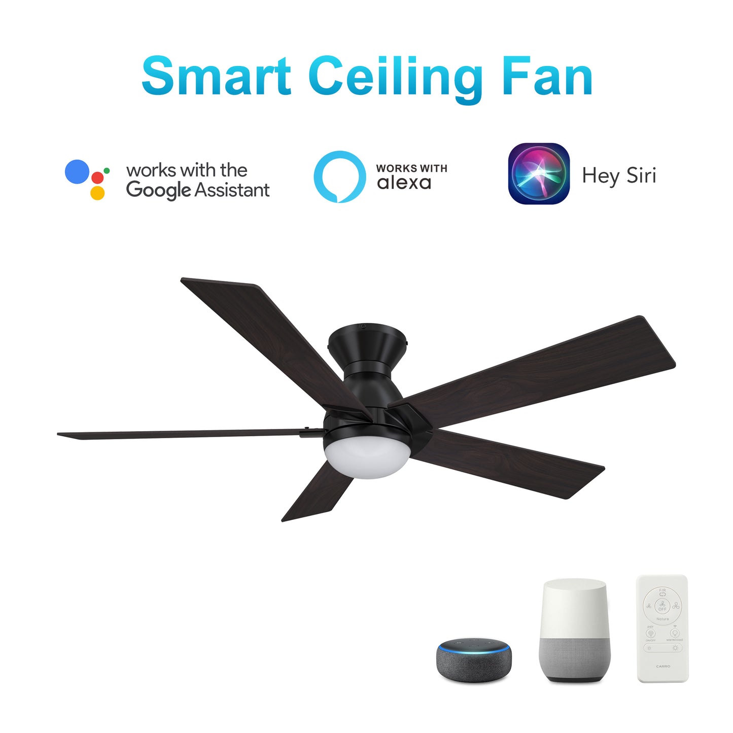 Ascender 52 Inch 5-Blade Smart Ceiling Fan - Black/Walnut (Reversible Blades)