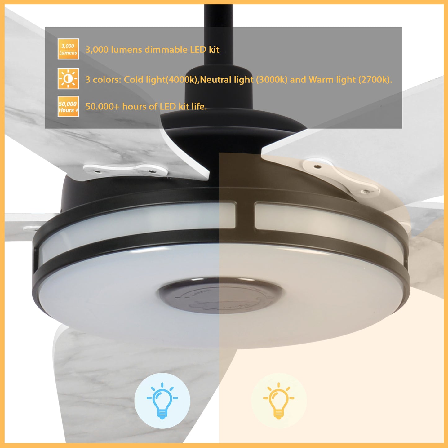 Elira 52-Inch Indoor/Outdoor Smart Ceiling Fan - Matte Black/White Marble
