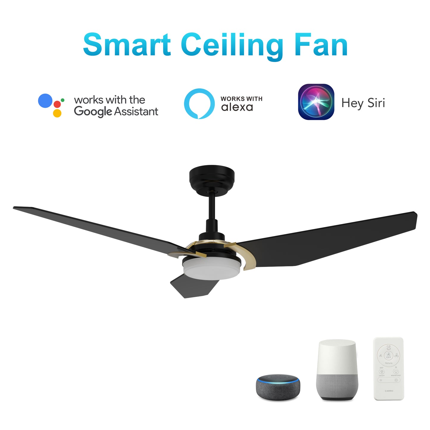 Kaj 56 Inch 3-Blade Smart Ceiling Fan - Black/Black