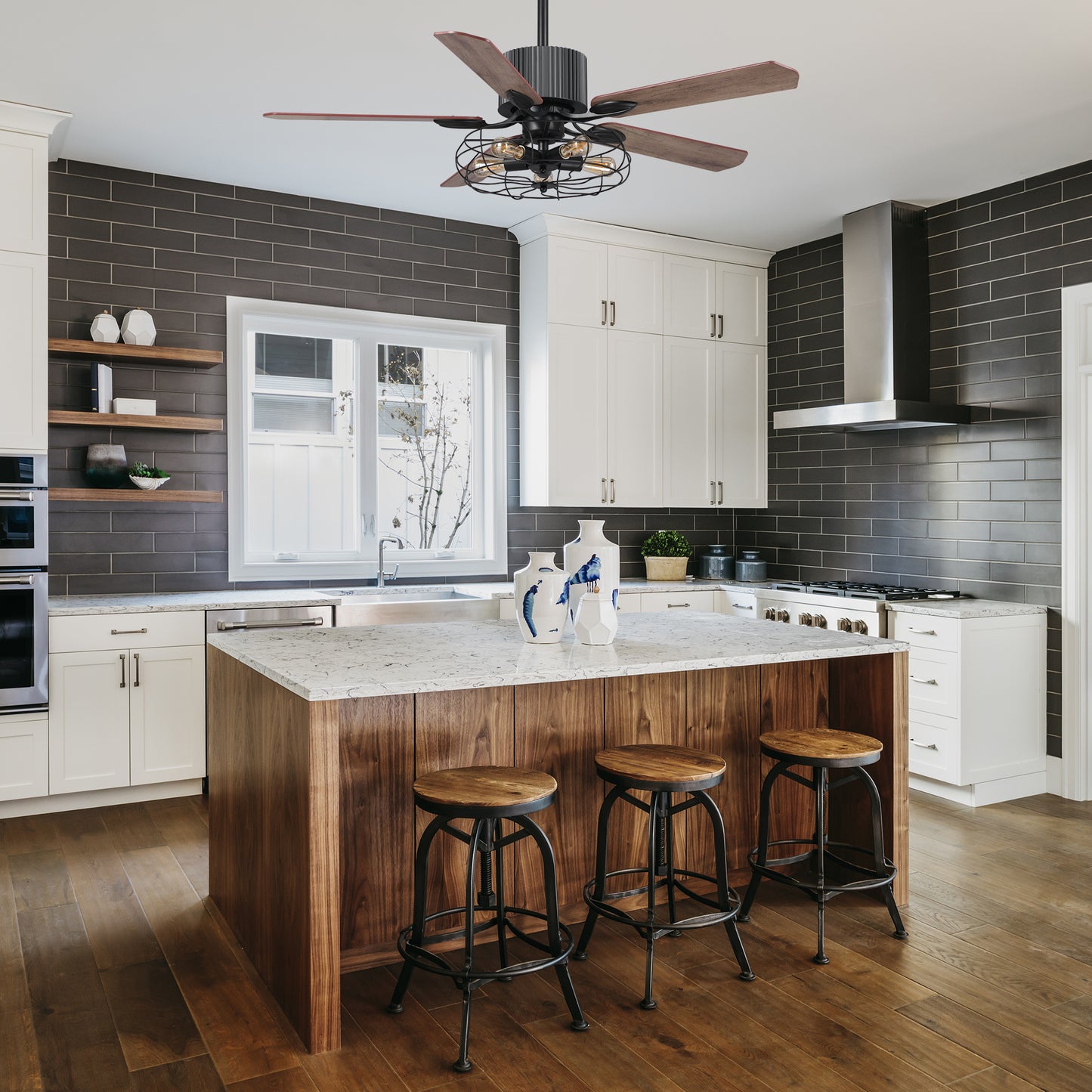 Helston 52 Inch 5-Blade Smart Ceiling Fan - Black/Dark Wood & Light Wood