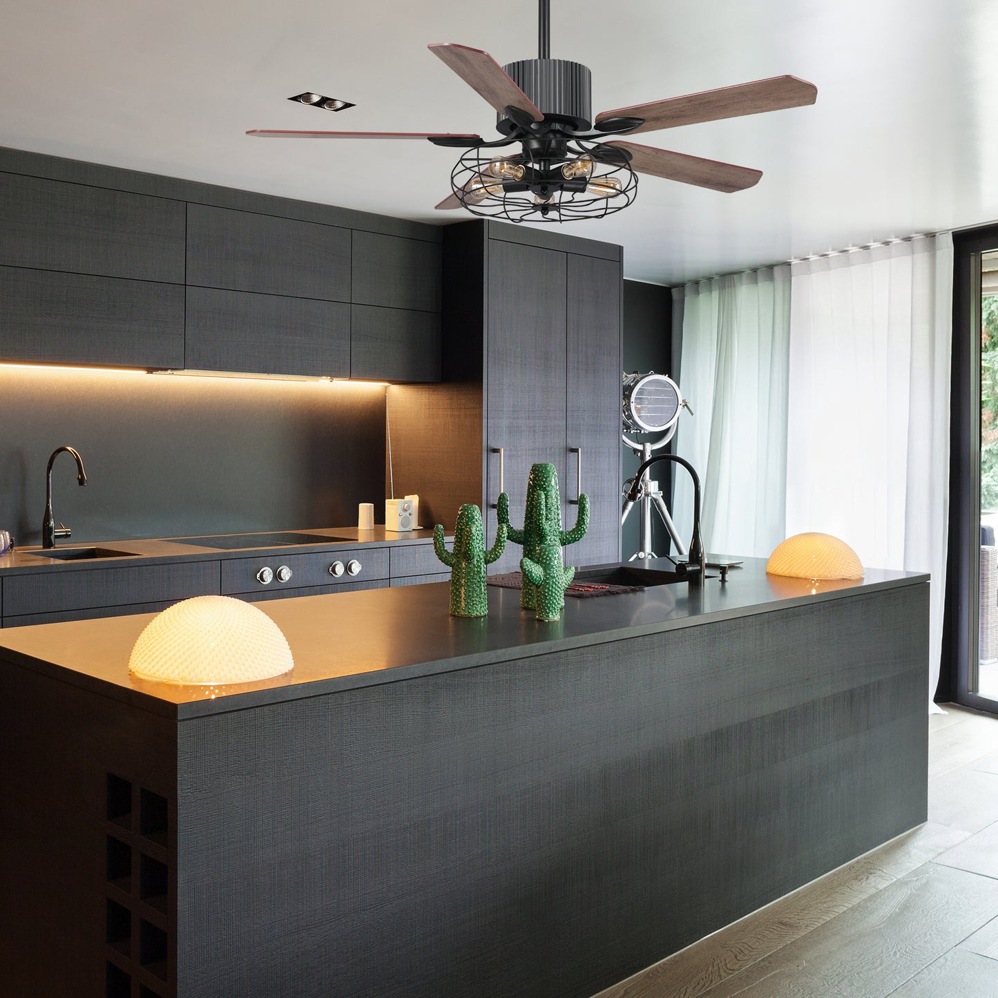 Helston 52 Inch 5-Blade Smart Ceiling Fan - Black/Dark Wood & Light Wood