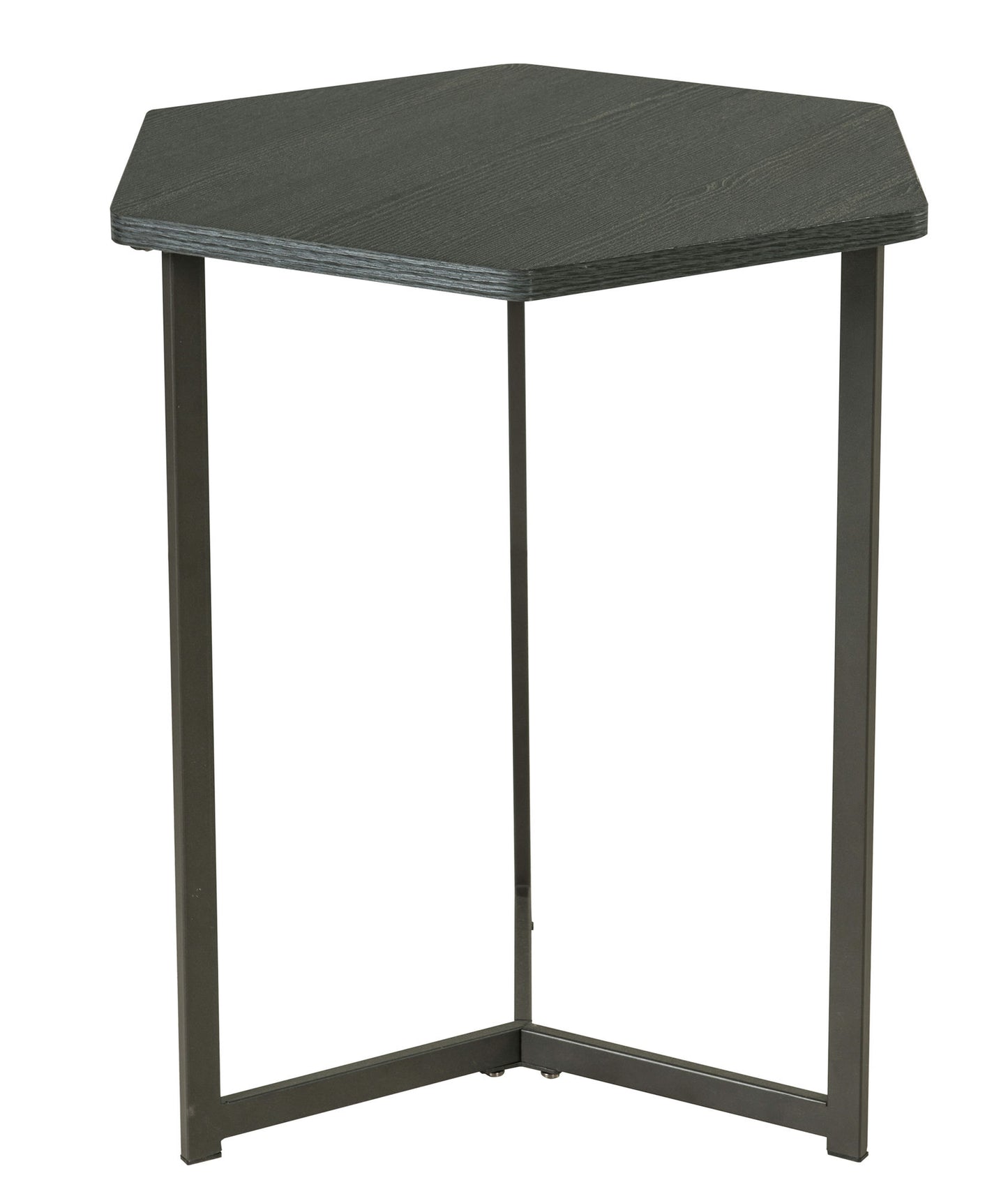 Dark Wood Finish Top Hexigon Side Table With Metal Base
