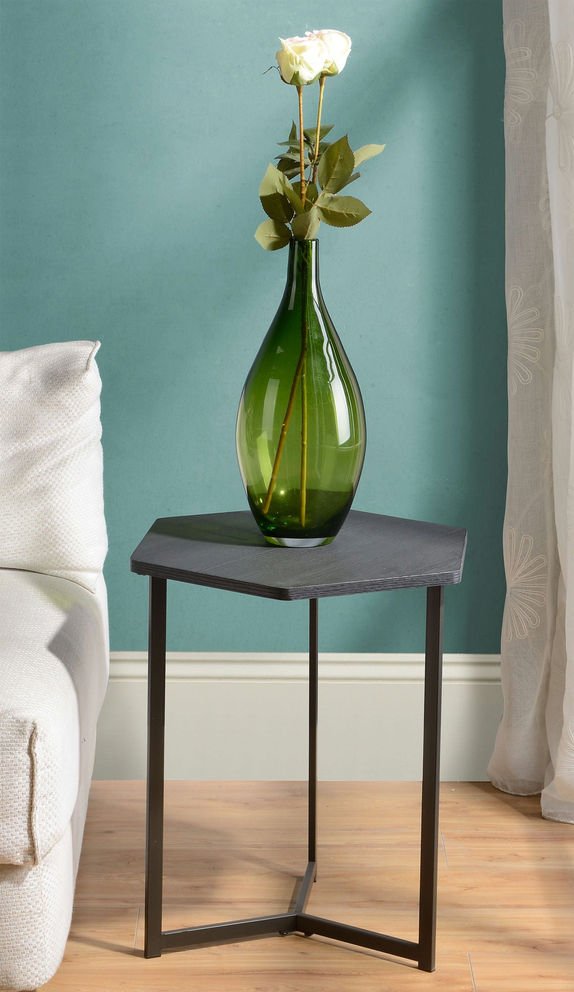 Dark Wood Finish Top Hexigon Side Table With Metal Base