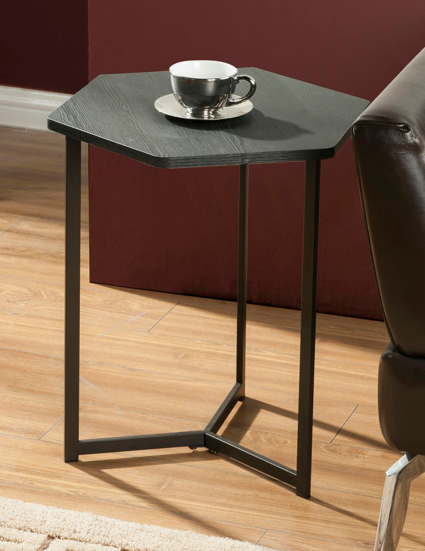 Dark Wood Finish Top Hexigon Side Table With Metal Base