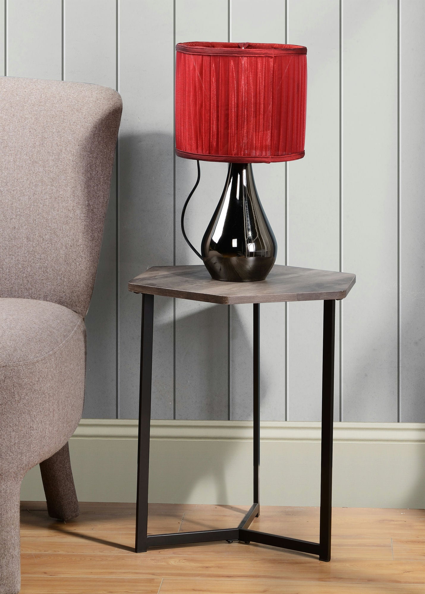 Weathered Pine Finish Top Hexigon Side Table With Metal Base