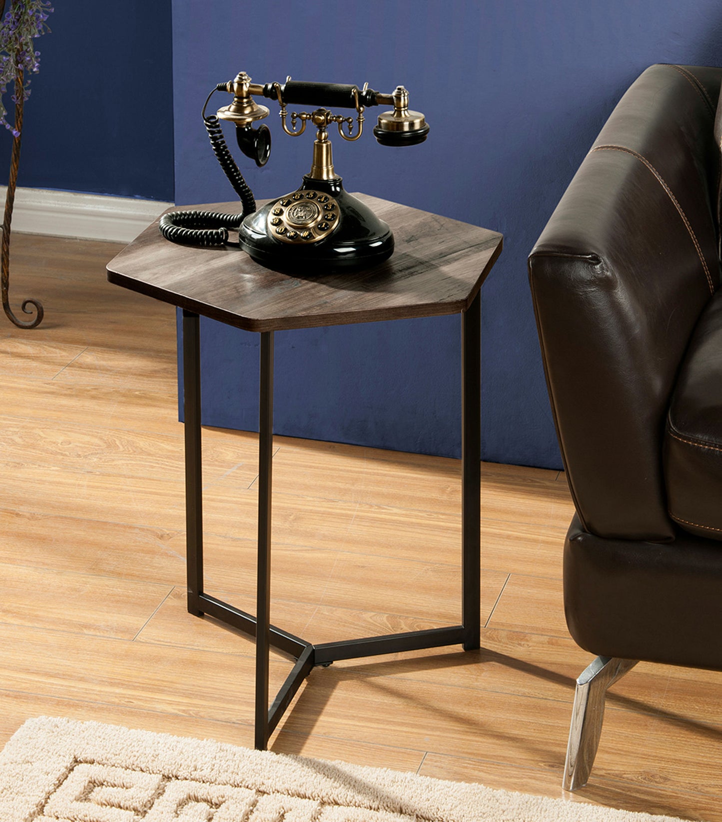 Weathered Pine Finish Top Hexigon Side Table With Metal Base