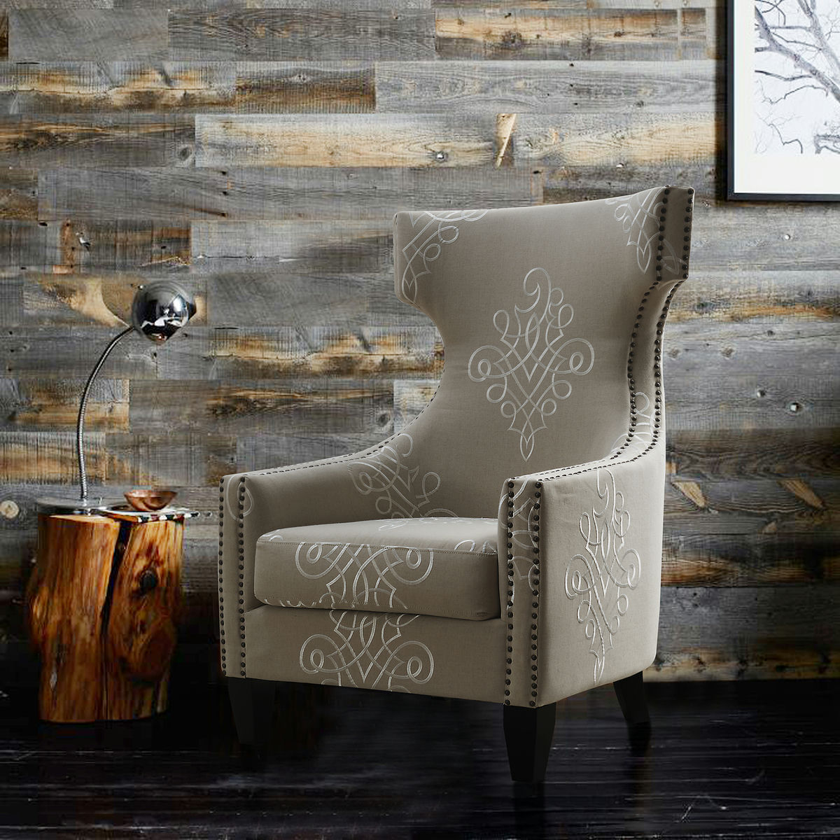 TOV Furniture Gramercy Embroidered Linen Wing Chair