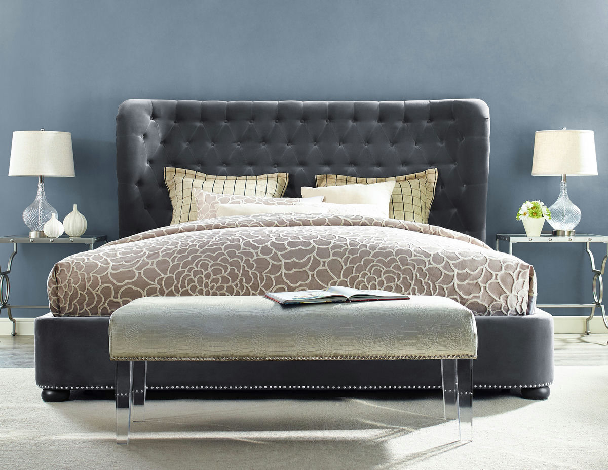TOV Furniture Finley Grey Velvet Bed in King Size