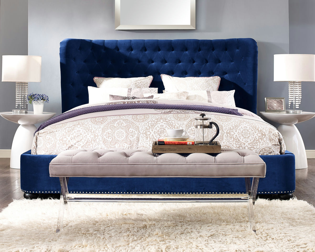 TOV Furniture Finley Blue Velvet Bed in Queen
