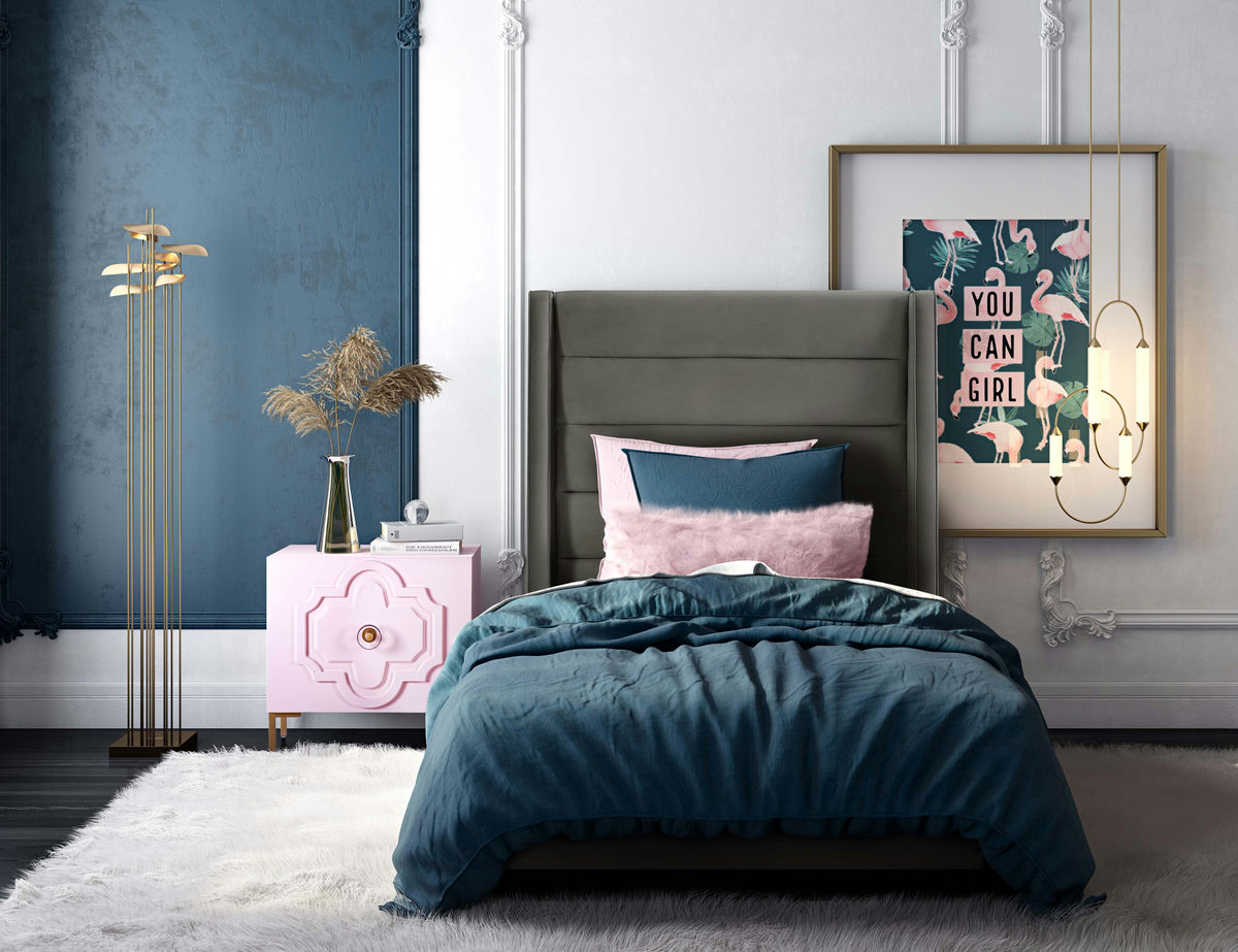 TOV Furniture Koah Grey Velvet Bed in Twin