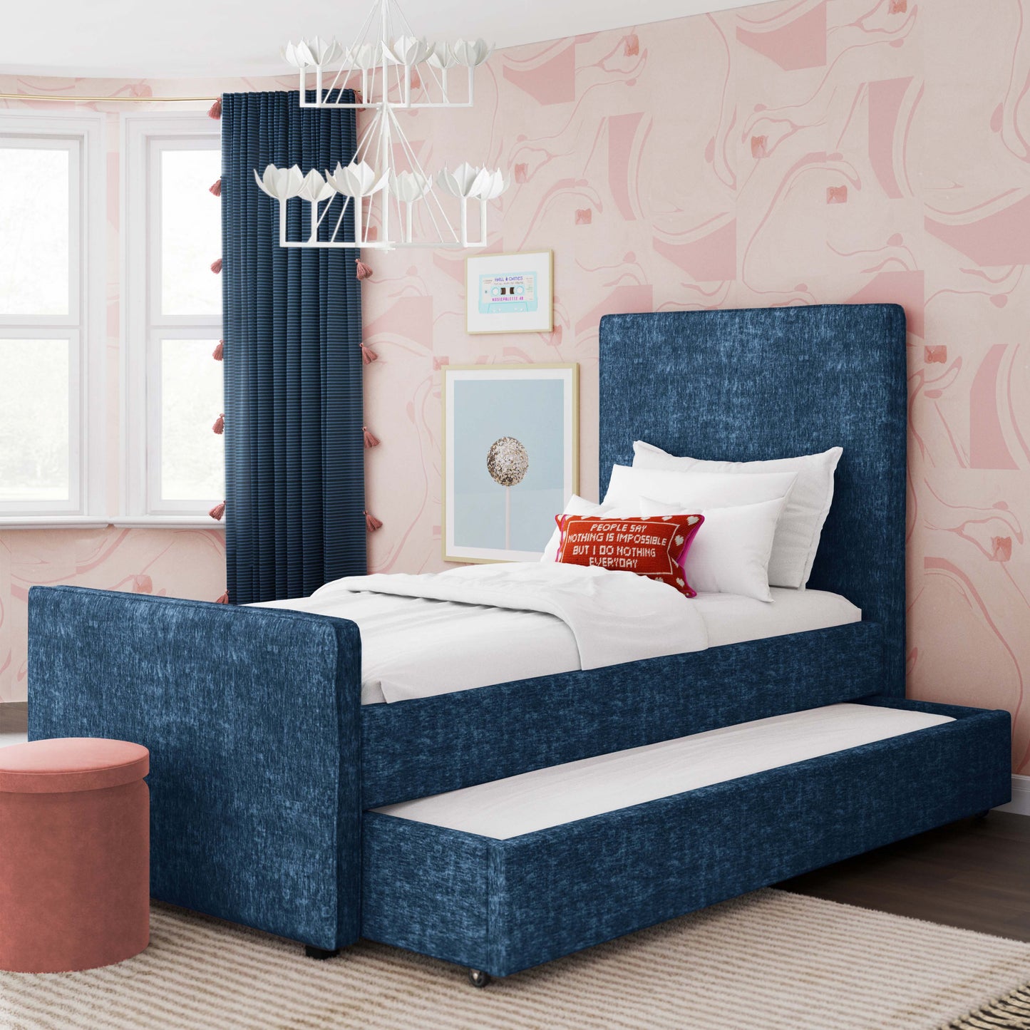 TOV Furniture Delilah Navy Textured Velvet Trundle in Twin