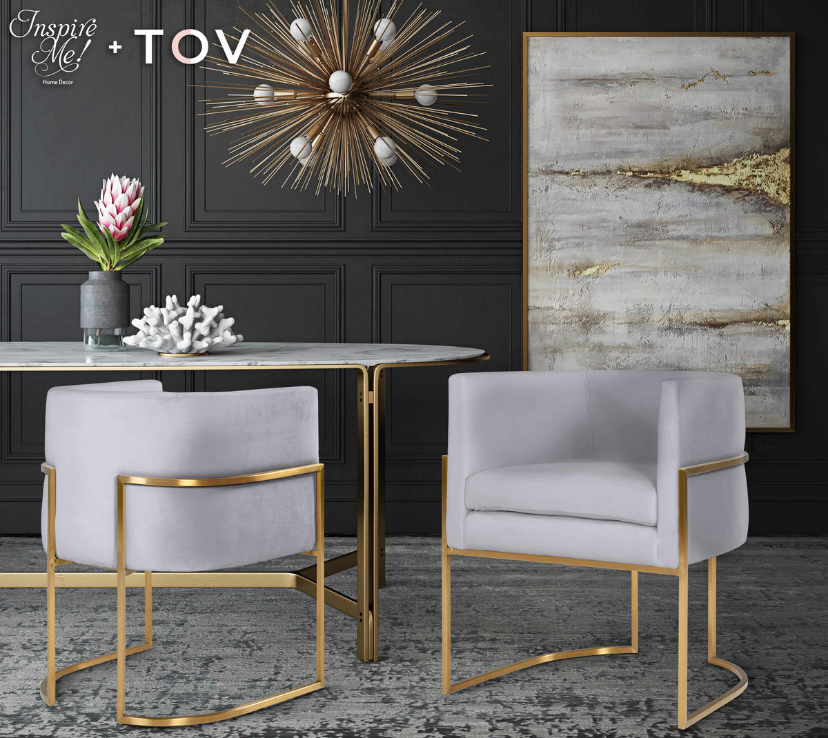 TOV Furniture Giselle Grey Velvet Dining Chair with Gold Leg