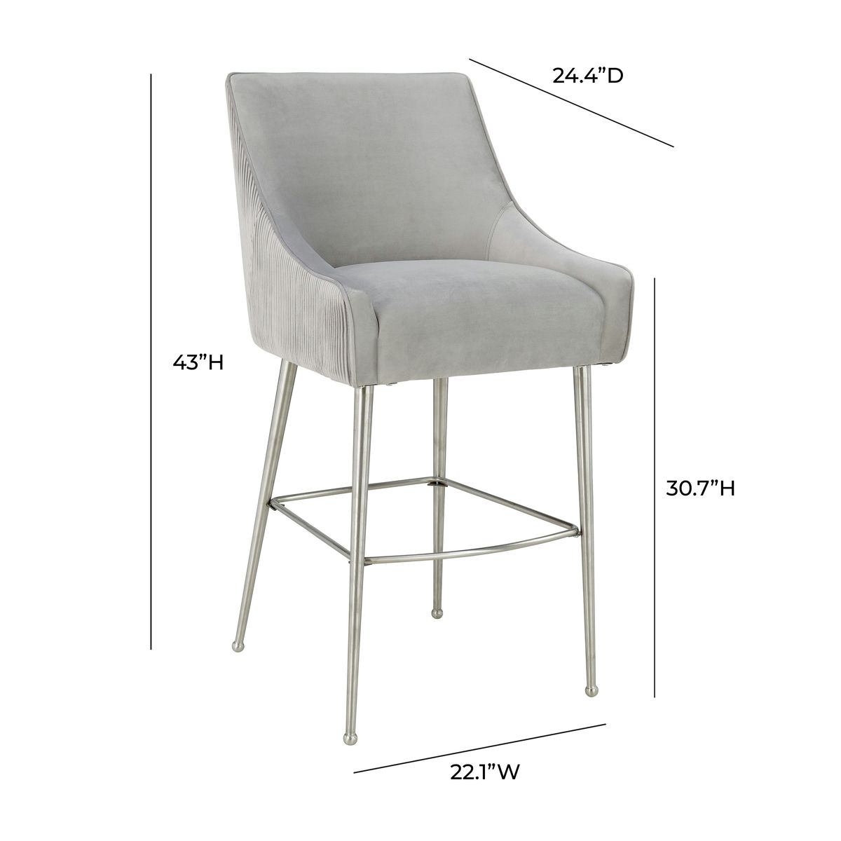 TOV Furniture Beatrix Pleated Light Grey Velvet Bar Stool