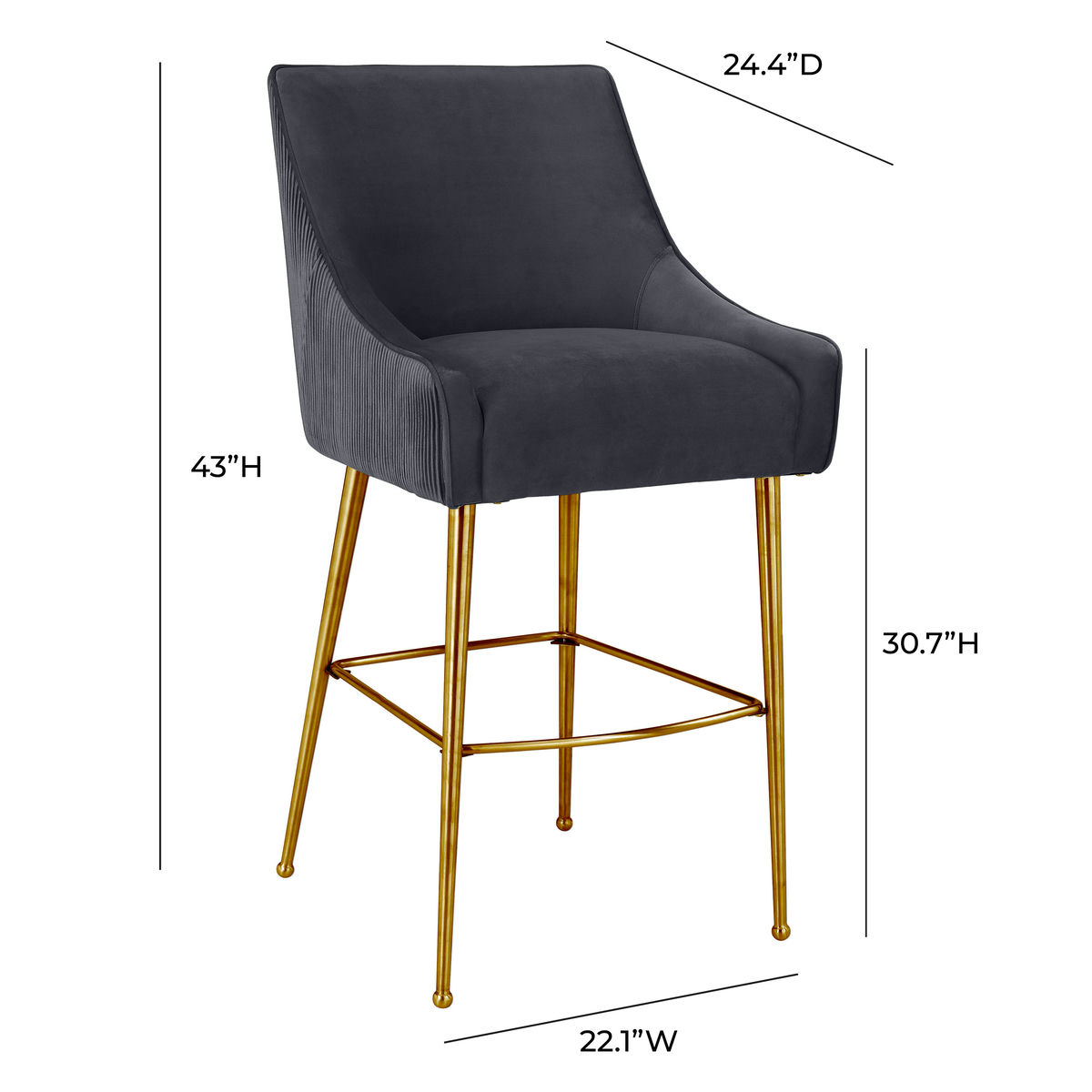 TOV Furniture Beatrix Pleated Dark Grey Velvet Bar Stool