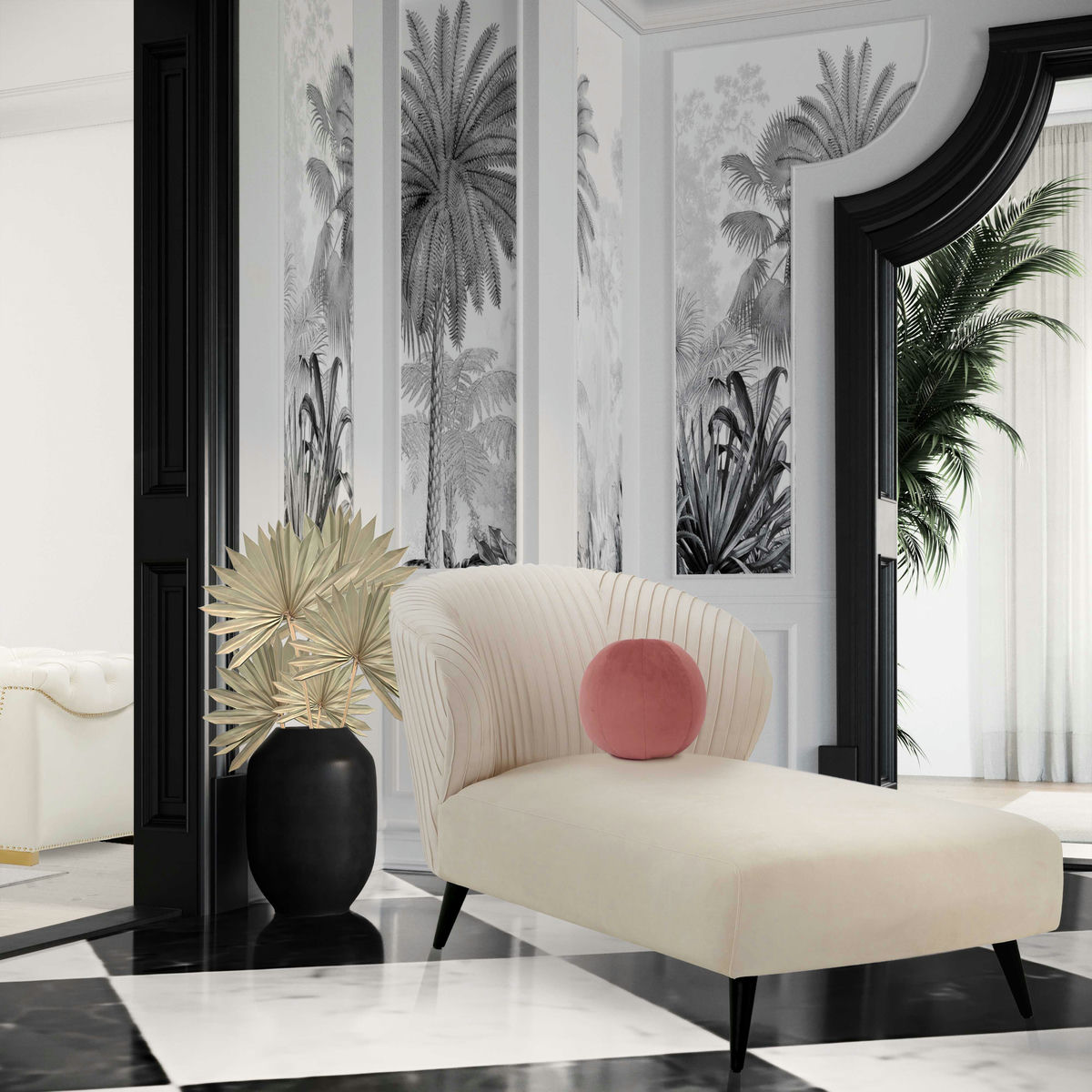 TOV Furniture Maliah Pleated Cream Velvet Settee