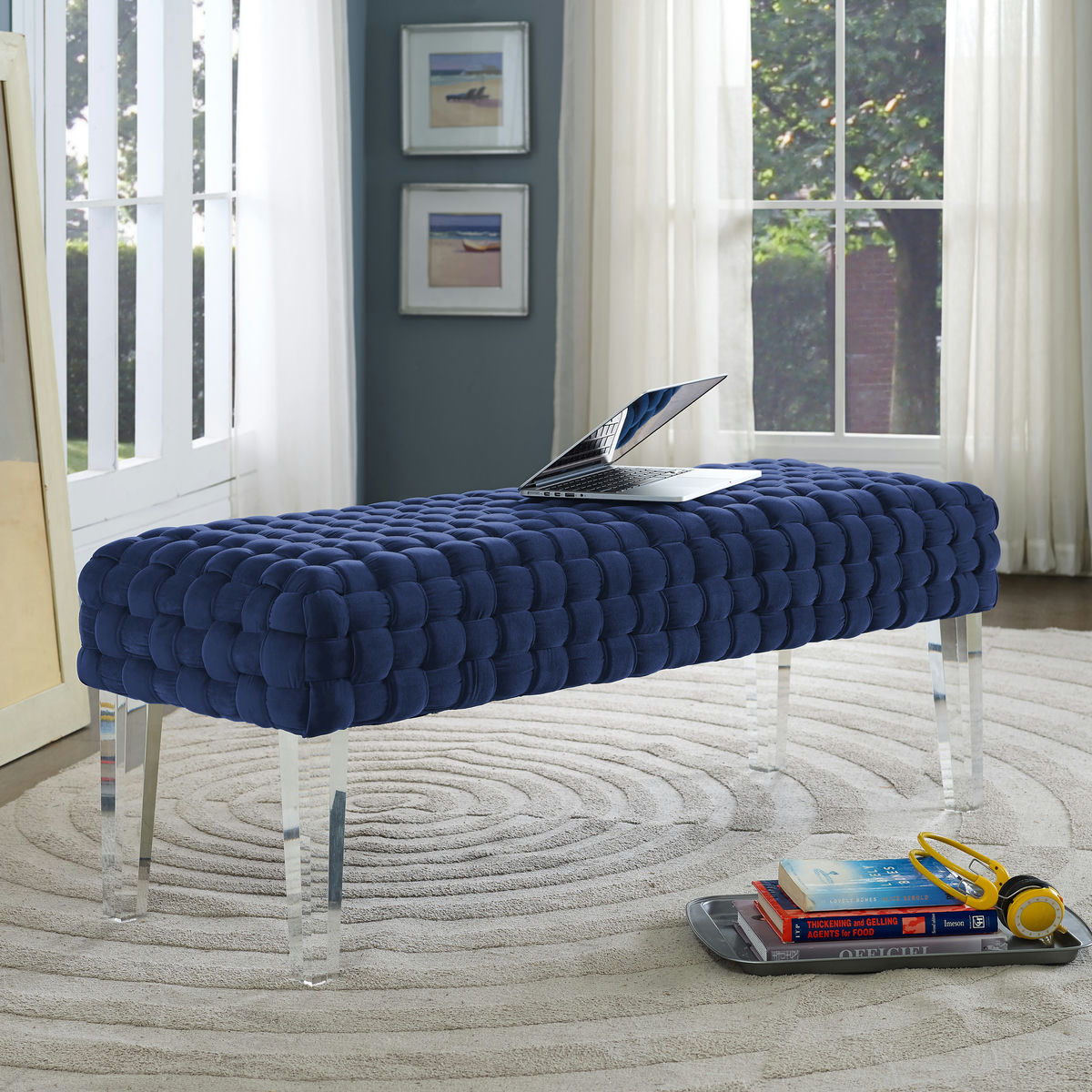 TOV Furniture Sal Woven Navy Velvet Bench