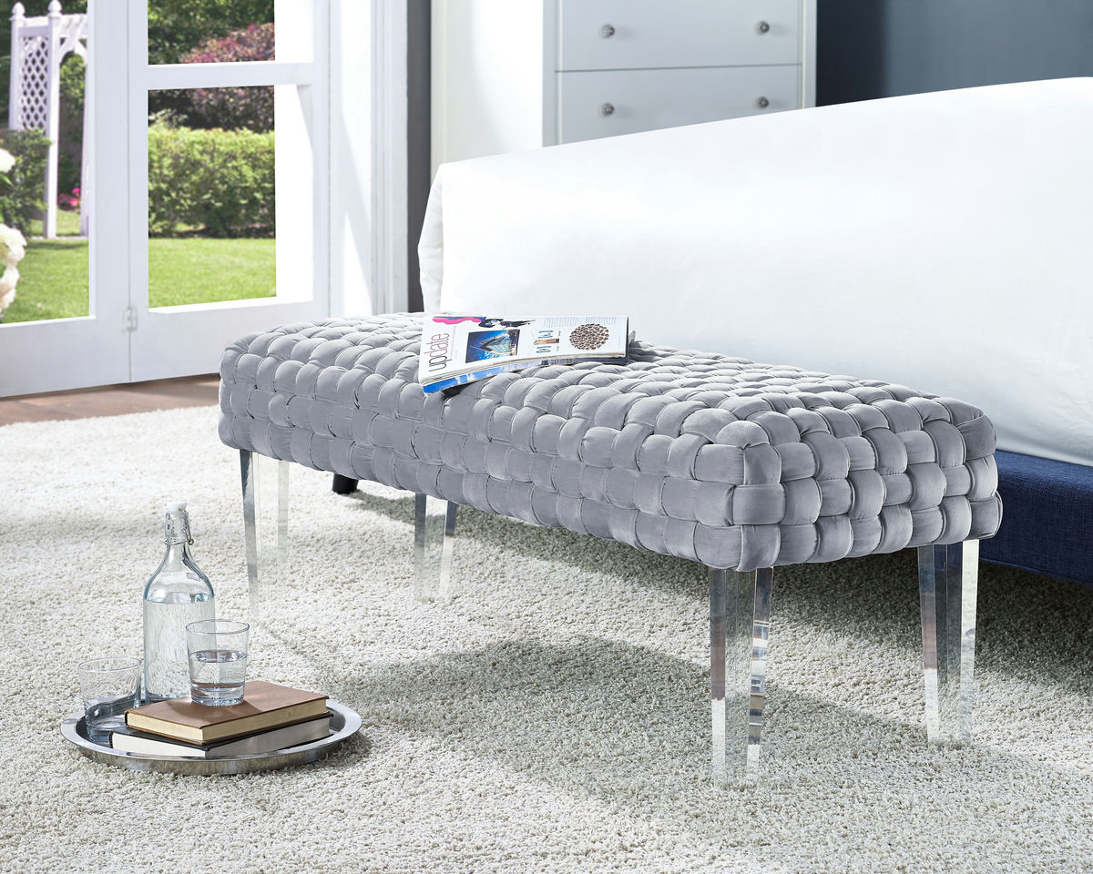 TOV Furniture Sal Woven Grey Velvet Bench