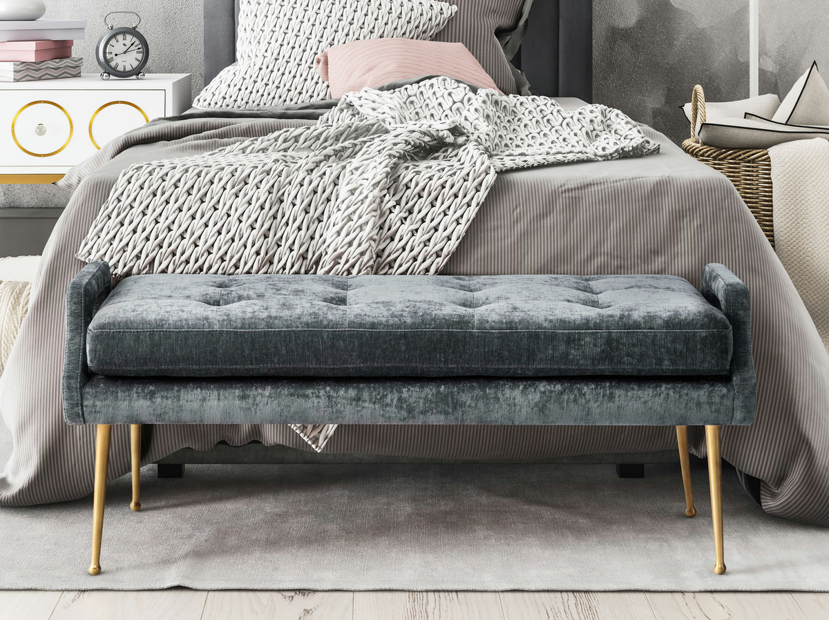 TOV Furniture Eileen Slub Velvet Grey Bench