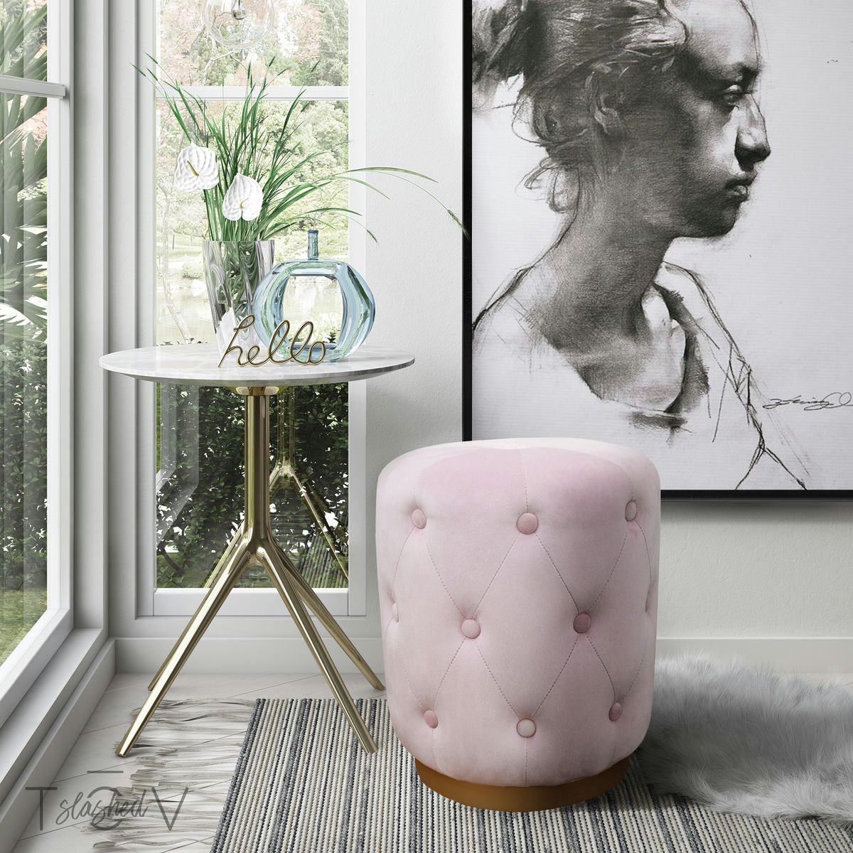 TOV Furniture Skylar Blush Velvet Ottoman