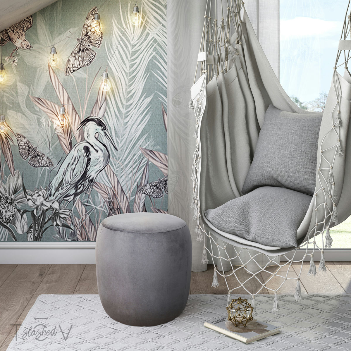 TOV Furniture Willow Grey Velvet Ottoman