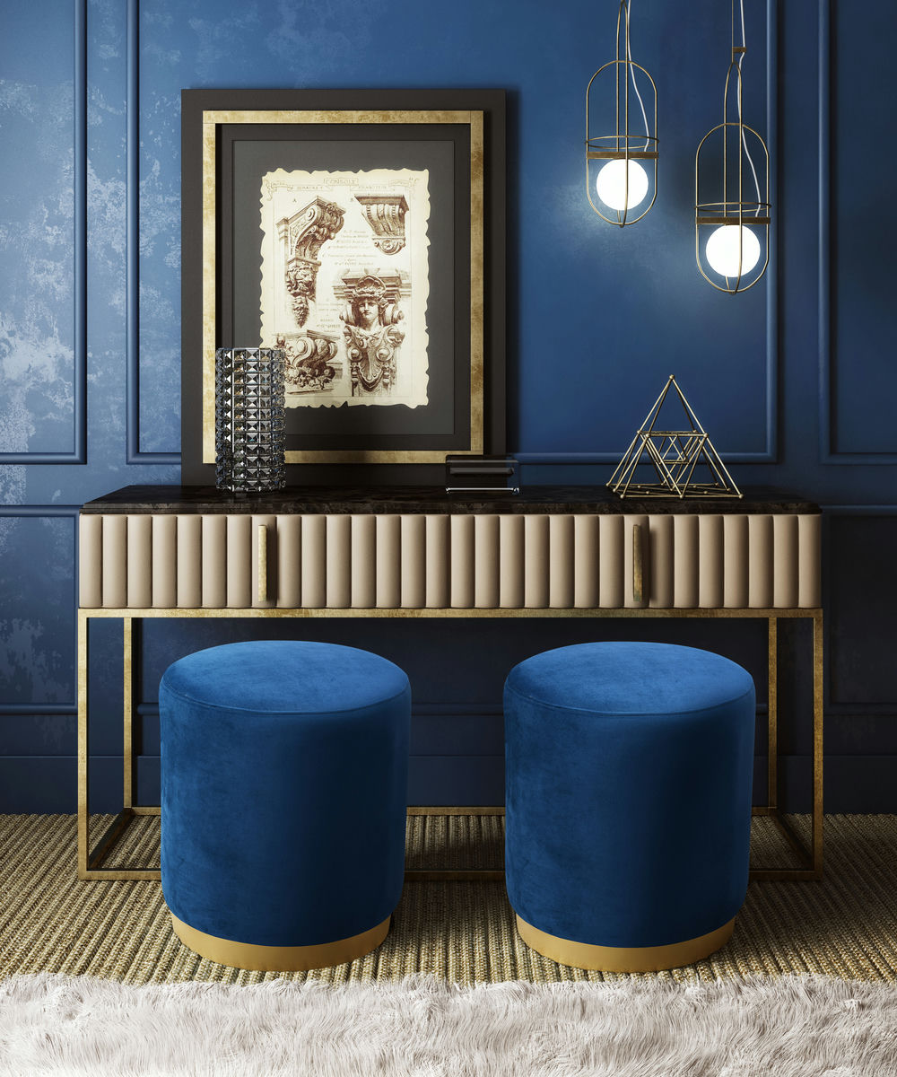 TOV Furniture Opal Navy Velvet Ottoman with Gold Base