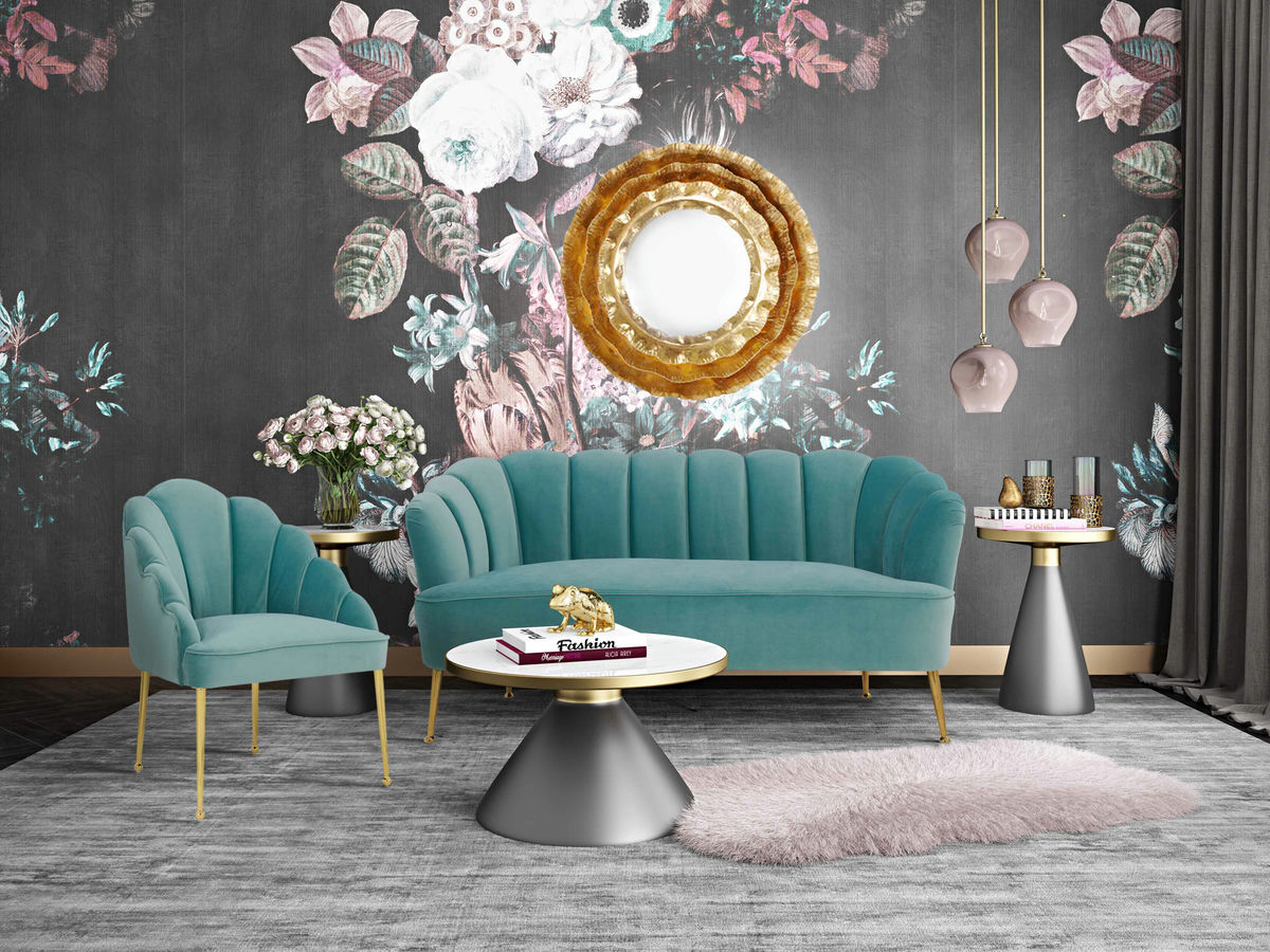 TOV Furniture Daisy Sea Blue Velvet Settee