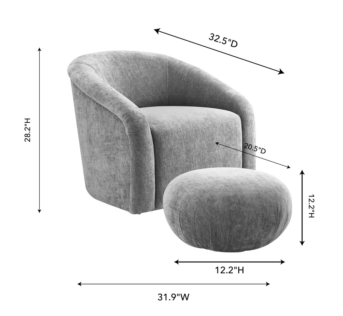 TOV Furniture Boboli Grey Chenille Chair + Ottoman Set