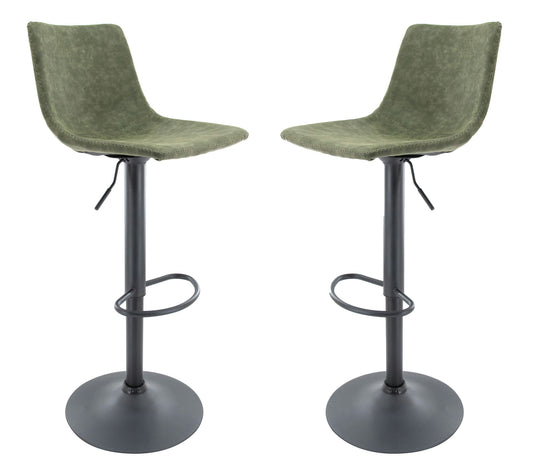 LeisureMod Tilbury Modern Adjustable Olive Green Bar Stool Set of 2