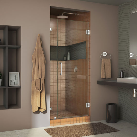 Unidoor Lux 29 in. W x 72 in. H Fully Frameless Hinged Shower Door in Chrome