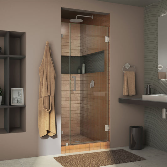 Unidoor Lux 29 in. W x 72 in. H Fully Frameless Hinged Shower Door in Brushed Nickel