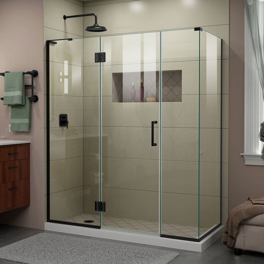 Unidoor-X 64  in. W x 34 3/8 in. D x 72 in. H Frameless Hinged Shower Enclosure in Satin Black