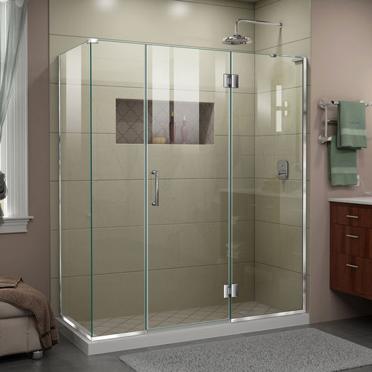 Unidoor-X 64 1/2  in. W x 34 3/8 in. D x 72 in. H Frameless Hinged Shower Enclosure in Chrome