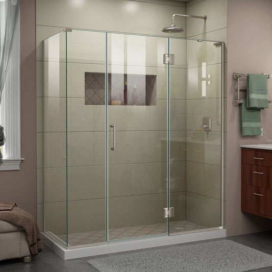 Unidoor-X 64  in. W x 30 3/8 in. D x 72 in. H Frameless Hinged Shower Enclosure in Brushed Nickel