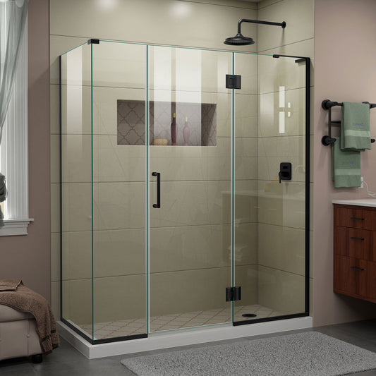 Unidoor-X 64 1/2  in. W x 34 3/8 in. D x 72 in. H Frameless Hinged Shower Enclosure in Satin Black