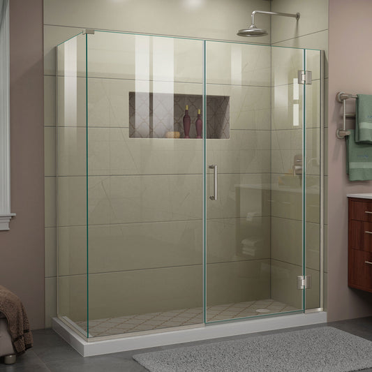 Unidoor-X 63 1/2  in. W x 30 3/8 in. D x 72 in. H Frameless Hinged Shower Enclosure in Brushed Nickel